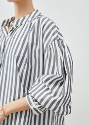 Modern Grey Oversized Striped Cotton Blouses Spring