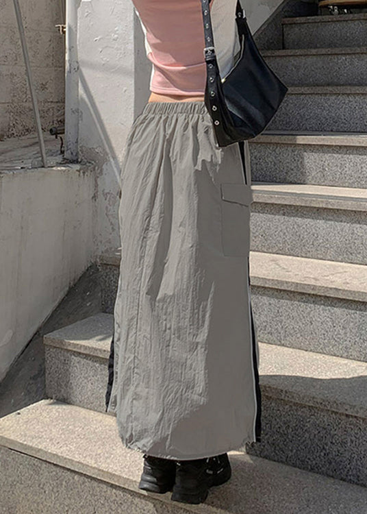 Modern Grey Pockets Elastic Waist Patchwork Cotton Skirts Fall