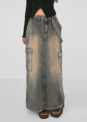 Modern Grey Pockets Side Open Patchwork Denim Maxi Skirts Fall
