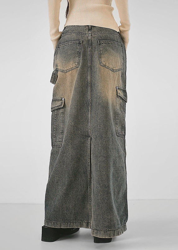 Modern Grey Pockets Side Open Patchwork Denim Maxi Skirts Fall