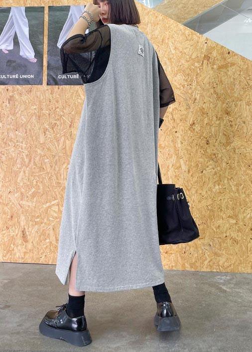 Modern Grey Print Cotton Sleeveless Summer Vacation Dresses - SooLinen