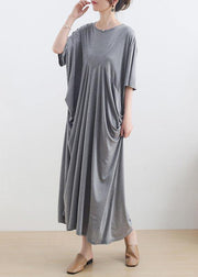 Modern Grey Short Sleeve Cotton Loose Summer Holiday Dress - SooLinen