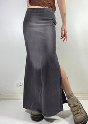 Modern Grey Side Open High Waist Patchwork Maxi Skirts Fall
