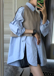 Modern Grey Side Open Knit Waistcoat And Shirts Two Pieces Set Long Sleeve