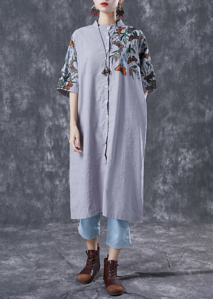 Modern Grey Stand Collar Print Linen Long Dress Summer