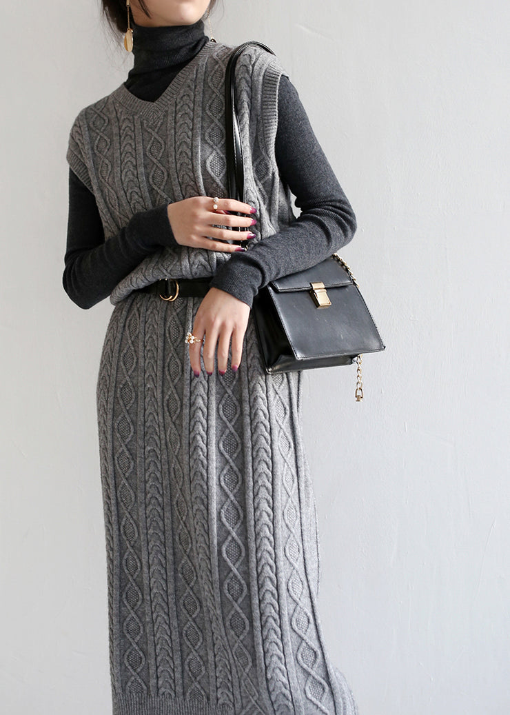 Modern Grey V Neck Cable Long Knit Waistcoat Sweaters Dress Fall