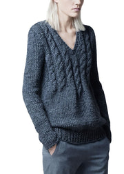 Modern Grey V Neck Chunky Wool Cable Knit Sweaters Winter