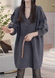 Modern Grey V Neck Metal buttons Knit Sweater Dress Spring