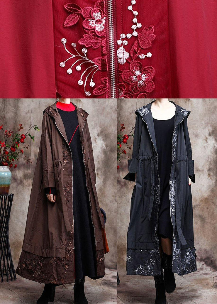 Modern Hooded Plus Size Coat For Woman Khaki Embroidery Trench Coat - SooLinen