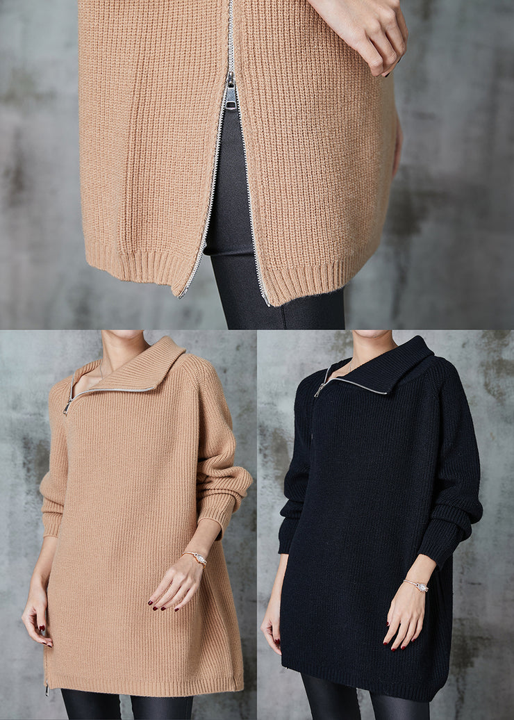 Modern Khaki Asymmetrical Zippered Knit Sweater Tops Spring