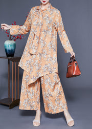 Modern Khaki Bow Asymmetrical Design Print Silk Two Piece Set Women Clothing Spring