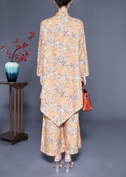 Modern Khaki Bow Asymmetrical Design Print Silk Two Piece Set Women Clothing Spring