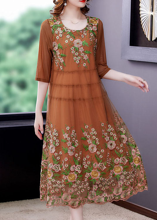 Modern Khaki Embroidered Patchwork Maxi Dresses Spring