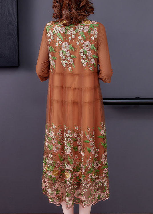Modern Khaki Embroidered Patchwork Maxi Dresses Spring