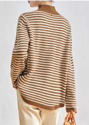 Modern Khaki High Neck Striped Knit Pullover Winter