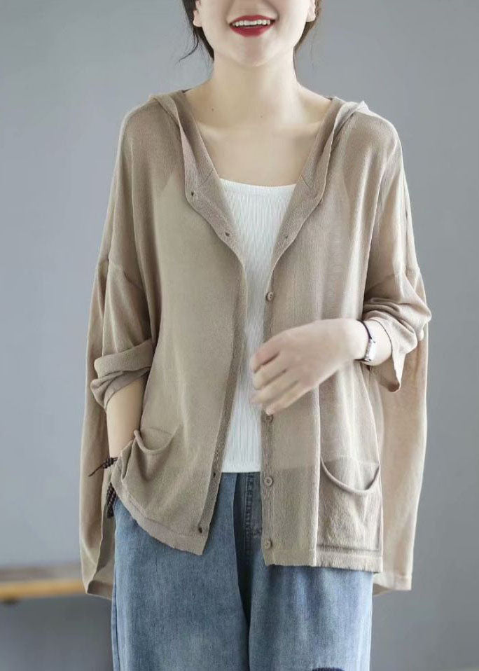 Modern Khaki Hooded Low High Design Pockets Linen Knit UPF 50+ Coat Summer