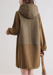 Modern Khaki Hooded Patchwork Pockets Cotton Loose Sweatshirt Dress Spring