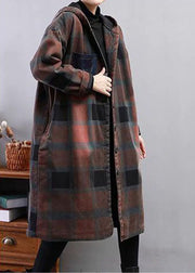 Modern Khaki Hooded Plaid Fine Cotton Filled Trench Winter