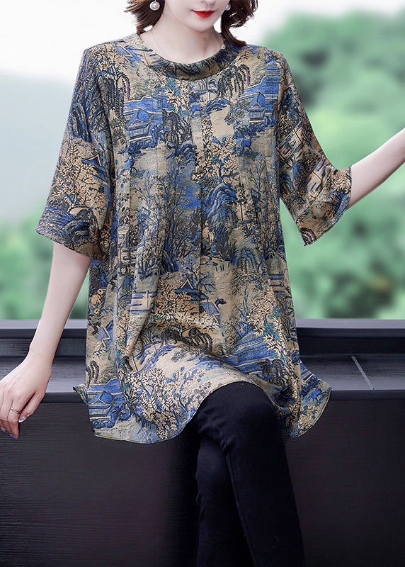 Modern Khaki O-Neck Oversized Print Silk Top Flare Sleeve