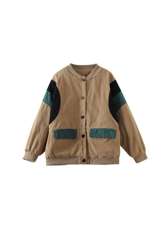 Modern Khaki O-Neck Pockets Patchwork Fine Cotton Filled Jacket Spring