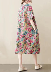 Modern Khaki O-Neck Print Cotton Long Dress Summer