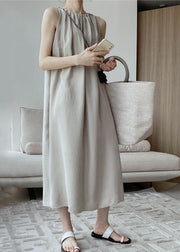 Modern Khaki O-Neck Wrinkled Cotton A Line Holiday Dress Sleeveless