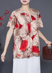 Modern Khaki Oversized Floral Button Silk Shirt Top Summer