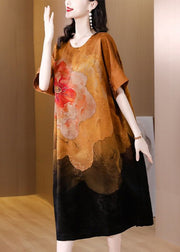 Modern Khaki Oversized Floral Print Silk Dress Summer