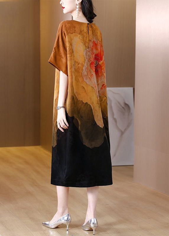 Modern Khaki Oversized Floral Print Silk Dress Summer