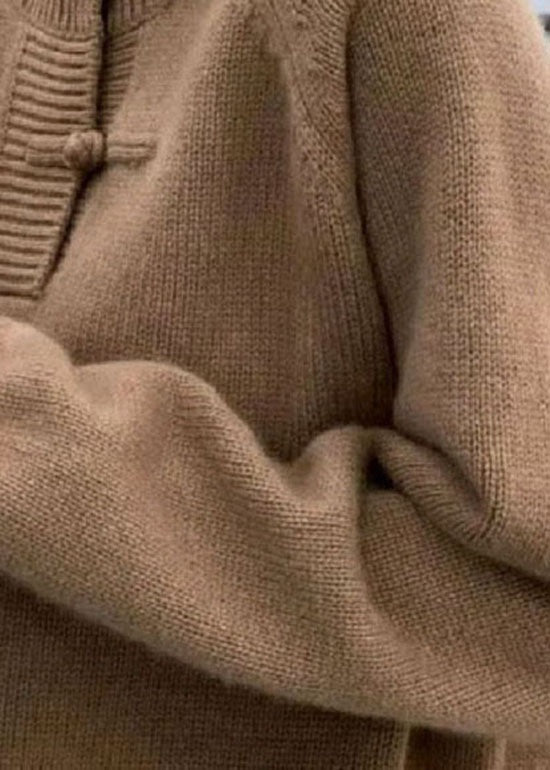 Modern Khaki Patchwork Chinese Button Knit Sweater Tops Winter
