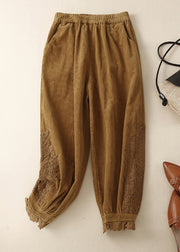Modern Khaki Pockets Lace Patchwork Elastic Waist Corduroy Pants Summer
