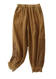 Modern Khaki Pockets Lace Patchwork Elastic Waist Corduroy Pants Summer