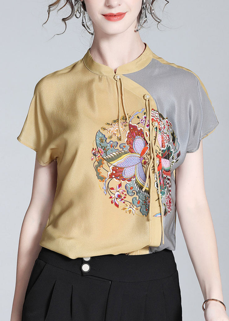 Modern Khaki Print Patchwork Button Silk Top Short Sleeve