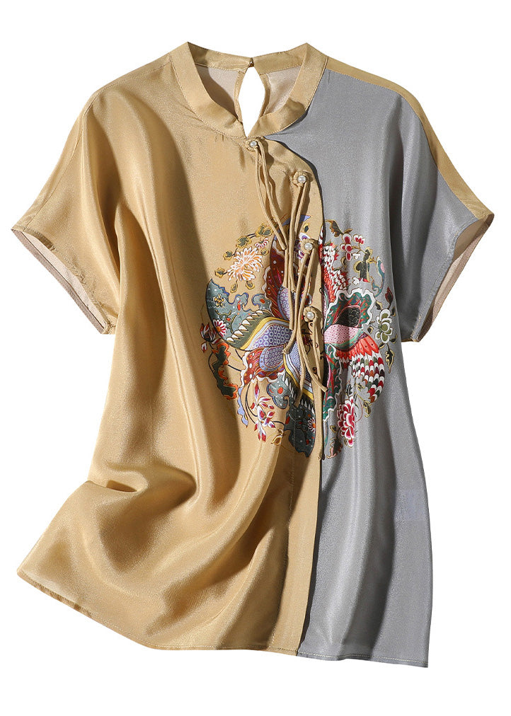 Modern Khaki Print Patchwork Button Silk Top Short Sleeve