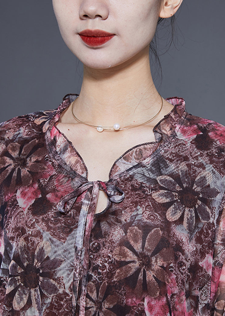 Modern Khaki Ruffled Print Chiffon Beach Dress Bracelet Sleeve