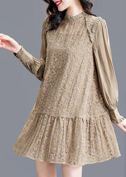 Modern Khaki Stand Collar Patchwork Wrinkled Lace Dress Spring