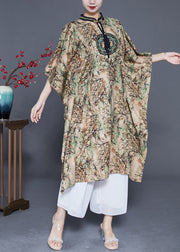 Modern Khaki Stand Collar Print Silk Dresses Batwing Sleeve