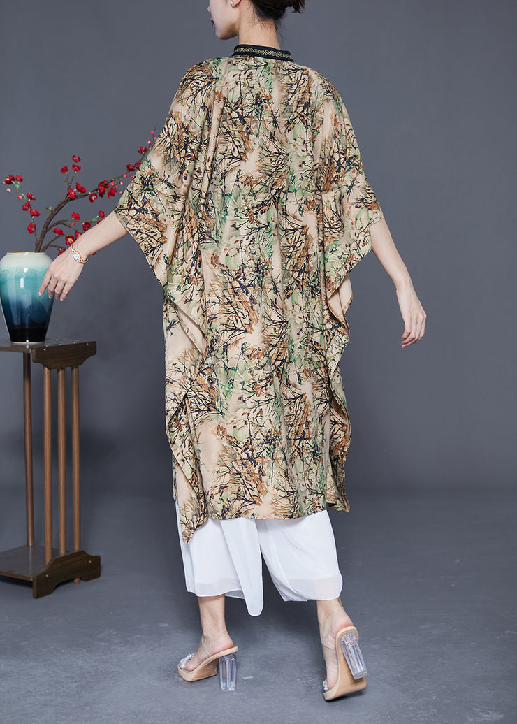 Modern Khaki Stand Collar Print Silk Dresses Batwing Sleeve