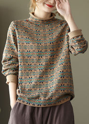 Modern Khaki Turtle Neck Print Knitted Tops Long Sleeve