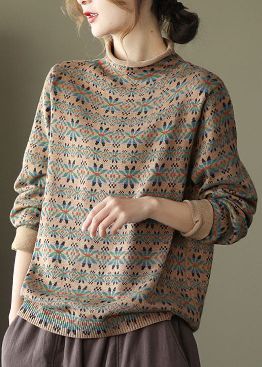 Modern Khaki Turtle Neck Print Knitted Tops Long Sleeve