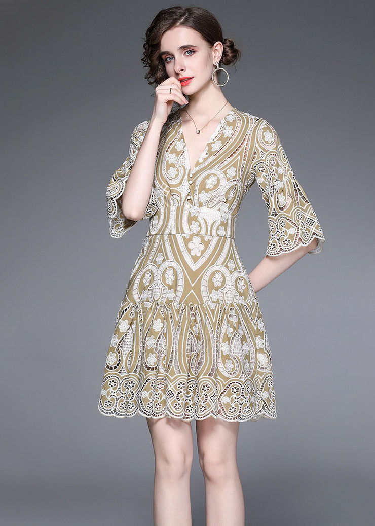 Modern Khaki V Neck Embroidered Hollow Out Lace Dress Flare Sleeve