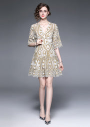 Modern Khaki V Neck Embroidered Hollow Out Lace Dress Flare Sleeve