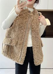 Modern Khaki Zip Up Warm Faux Fur Vests Winter