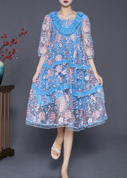 Modern Lake Blue Ruffled Patchwork Embroidered Tulle Dress Summer