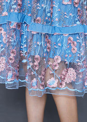 Modern Lake Blue Ruffled Patchwork Embroidered Tulle Dress Summer