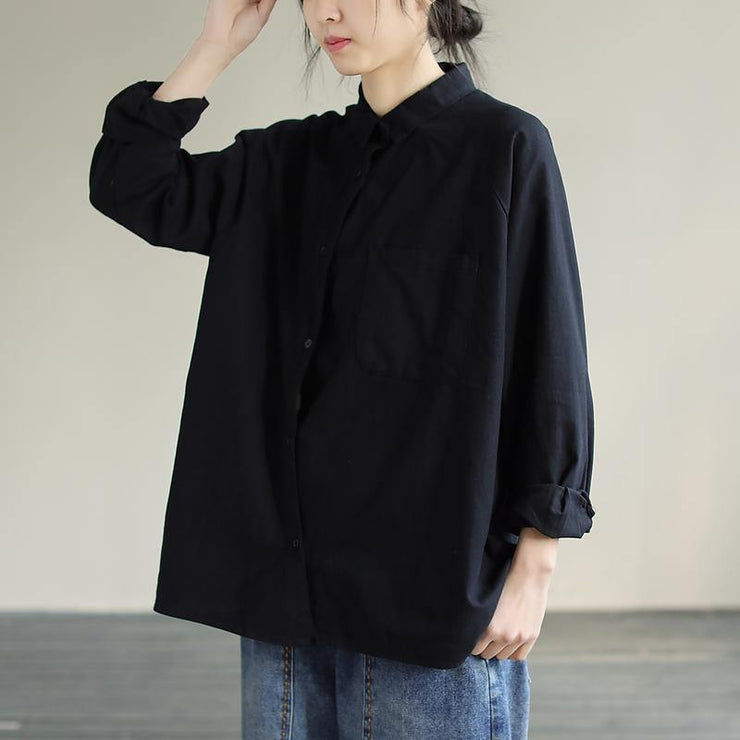 Modern Lapel Pockets Spring Clothes Pattern Black Blouses - SooLinen