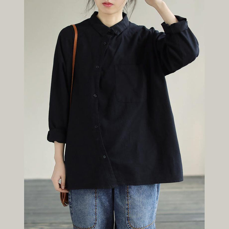 Modern Lapel Pockets Spring Clothes Pattern Black Blouses - SooLinen