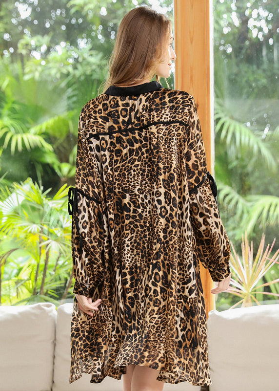 Modern Leopard Print Oversized Chiffon Shirt Dresses Long Sleeve