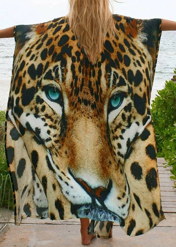 Modern Leopard V Neck Print Tie Waist Long Smock Summer
