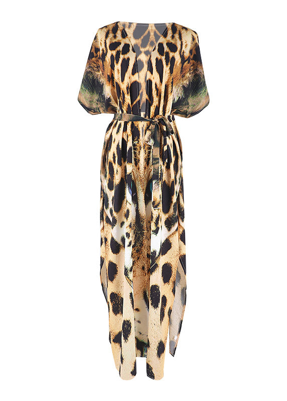 Modern Leopard V Neck Print Tie Waist Long Smock Summer